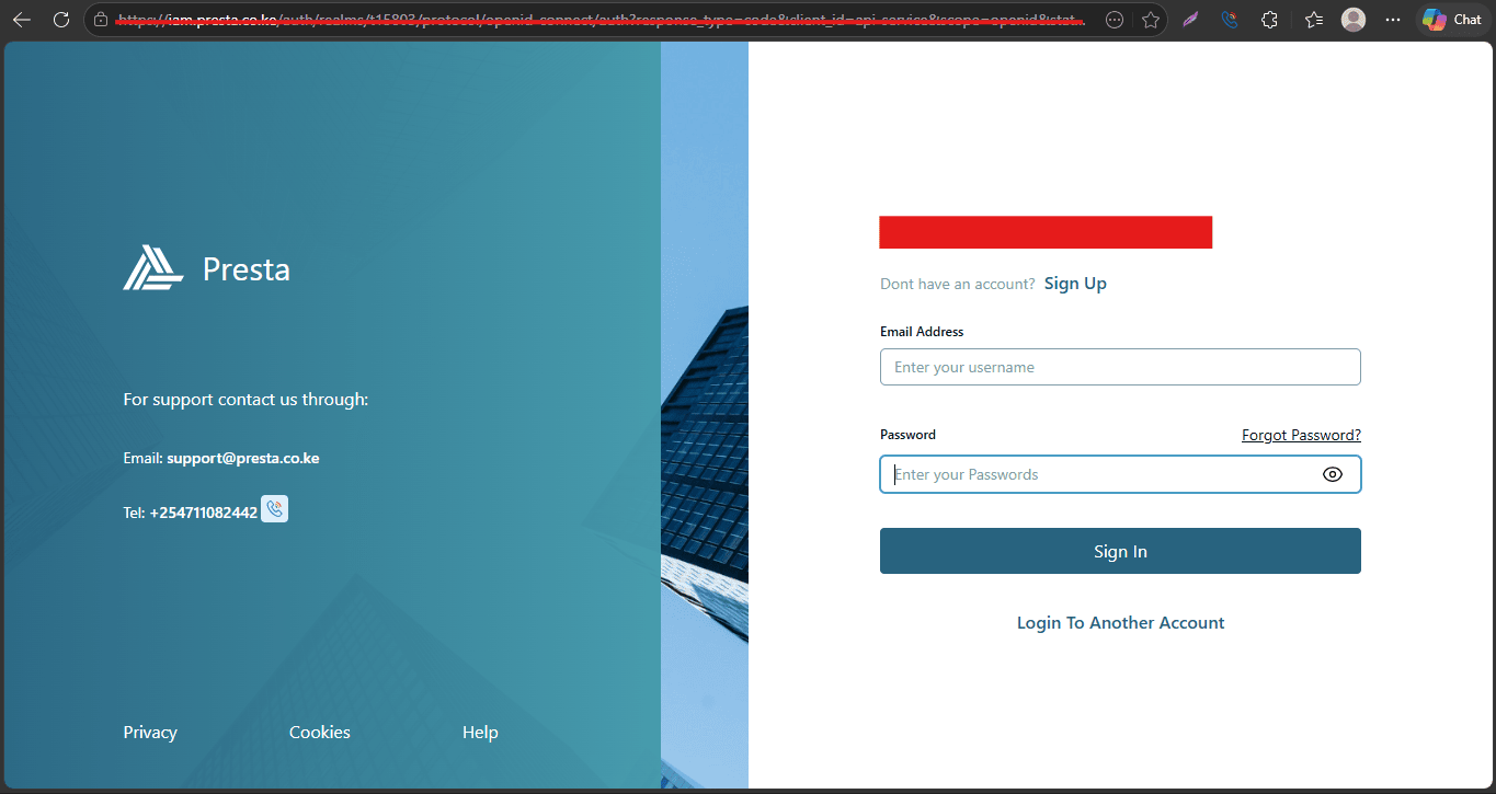 Figure 1.0.4 The Presta Portal secure login interface.